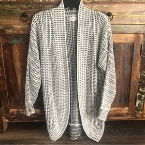 Pink Rose Gray White Open Front Textured Cardigan Sweater Long Line Sz. M